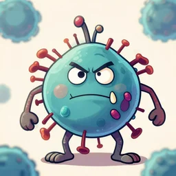 Cartoon representation of a superbug microorganism, being strong and tough because of drug or antibiotic