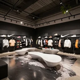 large nike boutique flagship retail. black walls, floors with black artwork. white sensual flowing furniture with colorful shoes and varied clothes. low ceilings with rails and spots. plants. muted colors. architectural photography, 8 k, realistic lighting, reflections, bloom, hyperdetailed environment, pbr materials.