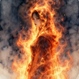 fire priestess cloaked in ethereal fire and smoke looking away from camera, profile shot, hyperrealistic, subject in center of frame, neonpunk, watercolor portrait by rembrandt and kim jung gi, jan van eyck, artstation, deviantart