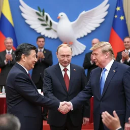 xi jingping, putin and trump holding hands at an international peace conference, celebrating for world peace, in the background a dove is seen carrying and olive branch while people clap and applaud them.
