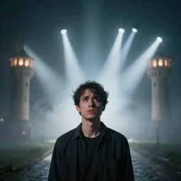 a cinematic wideangle portrait of a man afraid of marriage, fog filled, spotlights shine down from the watchtowers, perfectly lit face, ultra realistic, depth, beautiful lighting