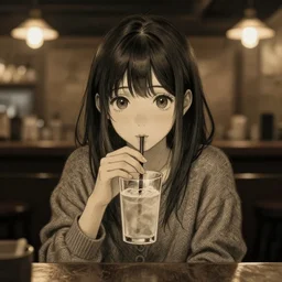 anime girl sitting and drinking in a cozy bar, 5, volumetric lighting, symmetrical face, detailed face, hyper real, pencil art, moody lighting, cute, comfy