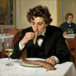 baroque oil painting timothee chalamet in elegant black suit eating sliced cooked dune sandworm in a beautiful restaurant, painted by greg rutkowski cushart krentz jeremy mann, dune sandworm, wine glass, marble interior, front view, close up shot, soft lighting, elegant, morandi color scheme, white embroidered tablecloth, baroque style