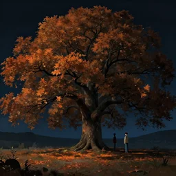A landscape with a giant oak tree in the fall dark night, Low level, rendered by Beeple, Makoto Shinkai, syd meade, simon stålenhag, environment concept, synthwave style, digital art, unreal engine, WLOP, trending on artstation, 4K UHD image, octane render,