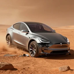 elon's tesla car crashed on the surface of mars, crumpled and wrecked by fantasy artist tiago da silva ( grafik ) highly detailed, cinematic, concept art, digital matte painting