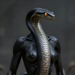 snake human hybrid, chest up human lower half snake, no legs, black scales, bright amber eyes, chest covered in scales, scales on her chest, formless brests, flat chest, smileing nright, cinematographic shot
