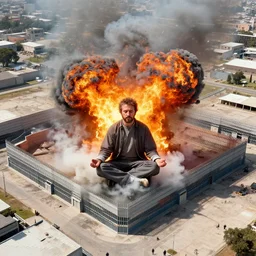 birds eye view of el chapo exploding out of prison in deep meditation. there is smoke and fire everywhere. clear sunny day.
