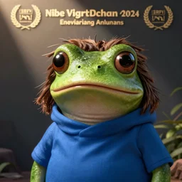 a sad frog with brown hair and a blue shirt, staring at the camera