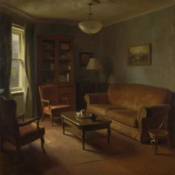 oilpainting, view up, dark cinematic light, furnished retro style room, by john everett millais