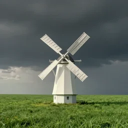 windmill in the middle of a green field, a raytraced image by wes anderson, pexels, minimalism, wallpaper, skeuomorphic, minimalist