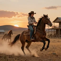 a dodgy cowgirl wrangles her horse in a dusty old town in the old west, jumpy horses in the nearby hills, a sunset over the range, digital art