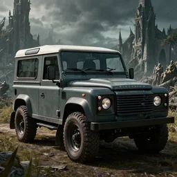 Land Rover Defender 110 (1985), an epic fantasy, dramatic lighting, cinematic, establishing shot, extremely high detail, photorealistic, cinematic lighting, artstation, by simon stalenhag, The Elder Scrolls V: Skyrim, Whiterun, Riverwood