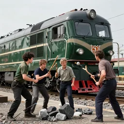 aggressive people with sticks and stones surrounded two people, against the background of a russian dark - green electric train locomotive, realistic, 4 k, ultra render, unreal engine