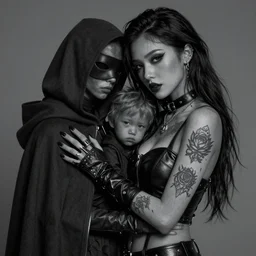 Hot young woman, grey skin, tattoos, wearing leather and cuddling a humanoid in a cloak and mask like her little brother concept art
