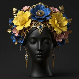 beautiful black blue yellow, complicated gold and pink flowers in baroque style headwears, dark fantasy, intricate, elegant, highly detailed, digital painting, artstation, concept art, matte, 3 d 8 k octane rendered, sharp focus, illustration, octane rendered, art by artgerm and alphonse mucha, leesha hannigan