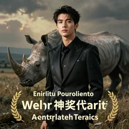 wet plate photography young asian man in black suit, rhinoceros in background