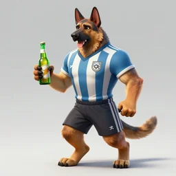 a humanoid german shepherd beast - man in soccer style, holding a bottle of beer, artstation, concept art, smooth, sharp foccus ilustration, artstation