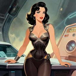 a retro sci - fi pinup illustration of dita von teese in the style of gil elvgren.