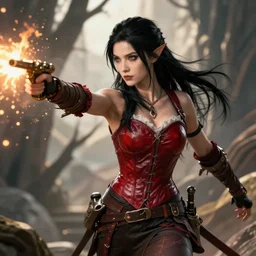 epic fantasy action shot of a d & d female halfling rogue, black hair, red leather corset, cinematic, beautiful lighting, heroic