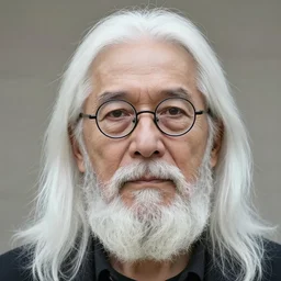 man in his 5 0 s with long white hair, a white chin beard without mustache and small thin - frame round glasses, no mustache