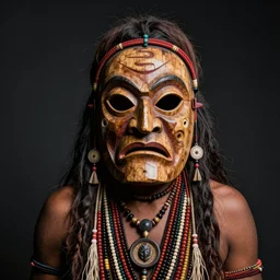 portrait of a hopi sorcerer wearing a scary wooden mask and many necklaces, annoyed look, dark background, studio light, hdr, nikon 2 4 mm f / 1. 8 g, by sebastiao salgado