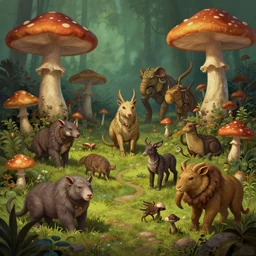 Highly Detailed digital illustration about the beauty of nature in a mythpunk world where all animals have been replaced by mushroom beasts. Trending on Artstation