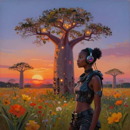 an african cyberpunk hacker girl with her headset plugged into a giant glowing baobab tree in the middle of a field of flowers at sunset, by greg rutkowski and android jones in a surreal portrait style, oil on canvas, 8k hd, synthwave colors!!