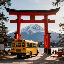 Yellow school bus, driving towards a red japanese Torii gate at Mount Fuji location in Japan, ray tracing