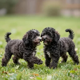 poodle puppies playing in the yard, realistic