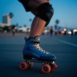 a roller skater in a cinematic closeup. in santa monica at blue hour. canon eos c 3 0 0, ƒ 1. 8, 3 5 mm. 8 k. medium - format print. inspired by roger deakins cinematography
