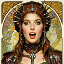 striking sensual colorful art nouveau style portrait of anjelica huston as an industrial leatherpunk rebel commander by glenn fabry, simon bisley and alphonse mucha, photorealism, extremely hyperdetailed, perfect symmetrical facial features, perfect anatomy, ornate declotage, spikes, latex, excited expression, wild eyes