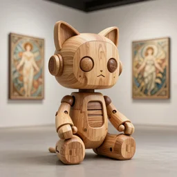 3D 8k octan render ,ultra photorealistic, detailed unreal engine ,a wooden sculpture wooden art toys wooden on feet : very cute robot wooden with cat ears zen méditation cyberpunk concept art wooden ,trending on cgsociety, a contemporary art gallery art  in néo Paris ,art by Alphonse Mucha