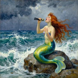 mermaid sitting on a rock being lashed by waves and singing, stormy weather, ocean, painting by greg rutkowski and alphonse mucha