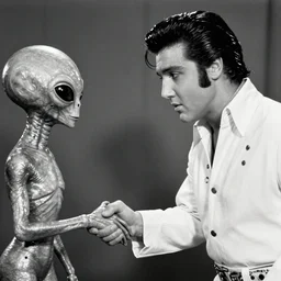 “A vintage black and white photograph of Elvis shaking hands with an alien”