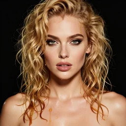 portrait of sexy provocative wet girl, witch, covered in honey, by mike dargas, blonde, curly hair, clean face, slutty make up, symmetrical face, looking straight, smooth skin, jewelry, ecstasy, cute, fashion editorial photography, from vogue magazine, ultra realistic, reflections, from eyes wide shut movie