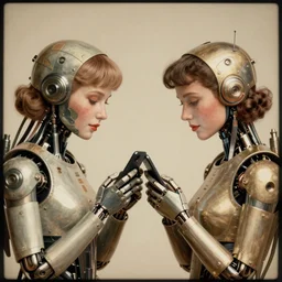 a beautiful ultradetailed vintage photo of two cyborgs facing away from each other looking at their cellphones, by tom bagshaw and anna dittman, couples portrait, vignette, 3 5 mm lens, golden ratio composition, detailed faces, studio photography, very detailed, humanoids, industrial robots, artstation, 8 k, highly coherent