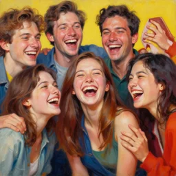 incredible beautiful detailed intricate photorealistic painting of a group of friends laughing together. the colors are very vibrant and the people in the photo look very happy. vibrant colors, funny, personal, positive, visually pleasing, engaging. high resolution. high quality. photorealistic. hq hd. 8 k. trending on artstation. group of friends laughing.