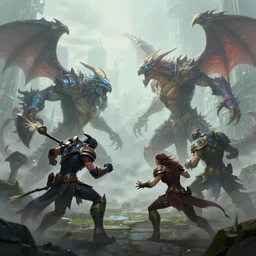 hyperrealism fantasy creatures fight scene with characters from league of legends concept, digital art, wallpaper of an fantasy fight, background of sci fi city in fog, diffused lighting, 8 k dop hdr