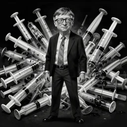 bill gates full body portrait, piles of syringes behind him, body horror, black and white illustration by junji ito, feeling of grimdark, sharp focus, fiction, hyper detailed, digital art, trending in artstation, cinematic lighting, studio quality, smooth render, unreal engine 5