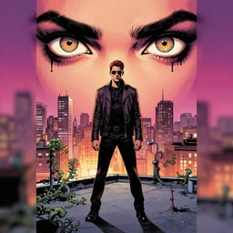 phil noto comicbook cover art, artgerm, poison ivy, vines, symmetrical eyes, full body, city rooftop