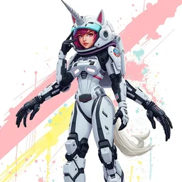 beautiful feminine cyborg in full body space suit, unicorn helmet, steel boots, pixiv fanbox, dramatic lighting, maximalist pastel color palette, splatter paint, pixar and disney concept, graphic novel by fiona and dustin nguyen, peter elson, alan bean, wangechi mutu, clean cel shaded vector art, on artstation