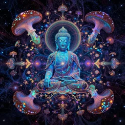 psychedelic fractal artwork hight detail fluorescent space buddha mandala thin psilocybin mushrooms very aesthetic epic fantasy masterpiece