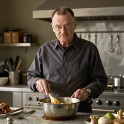 Walter White cooking in a gourmet kitchen, photorealistic hd