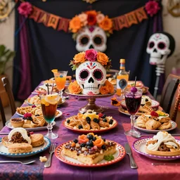 a photo of a day of the death birthday party celebration, day of the dead themed foods and drinks, photo realistic, hyper realistic, detailed, sharp, focused, focused, detailed, sharp, instagram, influencer, 8 k resolution, hyperrealistic, octane render