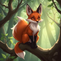 a pretty medieval anthropomorphic fox with a fluffy tail sitting on a tree branch in the forest, comic art, trending on furaffinity, cartoon, kawaii, backlighting, furry art!!!, cool shading, concept art