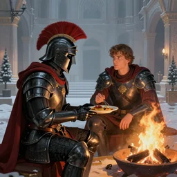 The black armored praetorian guard sharing a warm meal by the fire, imperial winter palace, 4k digital illustration by Craig Mullins and Seb Mckinnon, Artstation, CGsociety