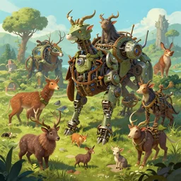 Highly Detailed digital illustration about the beauty of nature in a elfpunk world where all animals have been replaced by mechanical beasts. Trending on Artstation