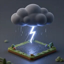 rain diorama, cute raining thunderstorm, lightning, 4k detailed, isometric, dark gray environment, cloudy dark