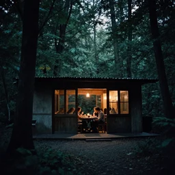 restaurant in the middle of a forest, eerie, film grain