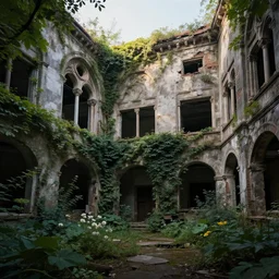 delapidated brutalist courtyard overgrown with ivy and blooms, architectonic, morning light, romanesque, chiaroscuro, ambient, detailed, fantastical matte painting